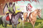 ambiguous_gender anthro breasts bridle clothed clothing day detailed_background female feral grass group male mount outside plant reins rider riding saddle sky smile text ariannafray_pr arianna_(ariannafray) yogan canid canine equid equine horse hybrid mammal 2021 digital_media_(artwork) english_text