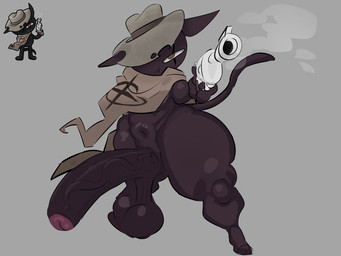 :< anthro balls big_balls big_butt big_penis black_body black_ears black_fur black_tail brown_cloak brown_clothing brown_cowboy_hat brown_eyes brown_hat brown_headwear butt cloak clothing cowboy cowboy_hat eye_scar facial_scar foreskin fur genitals grey_clothing grey_hat grey_headwear gun gun_smoke half-closed_eyes handgun hat hat_over_eye headgear headwear holding_gun holding_handgun holding_object holding_ranged_weapon holding_revolver holding_weapon huge_balls huge_penis humanoid_genitalia humanoid_penis hyper hyper_genitalia hyper_penis looking_at_viewer male multicolored_cloak multicolored_clothing narrowed_eyes navel penis pose ranged_weapon revolver scar smoke smoking_gun solo standing tail thick_thighs two_tone_cloak two_tone_clothing two_tone_hat vein veiny_penis weapon greaseyhair mewgenics zodiac_(mewgenics) domestic_cat felid feline felis mammal 2026 4:3 digital_drawing_(artwork) digital_media_(artwork) full-length_portrait portrait reference_image