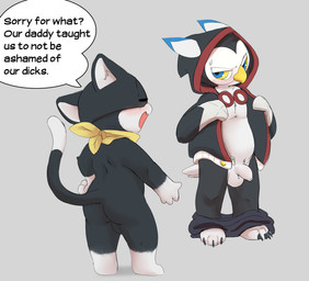 3_toes 4_fingers anthro balls beak belly belt biped black_balls black_belt black_body black_claws black_clothing black_ears black_feathers black_fur black_hoodie black_tail black_text black_topwear blue_bottomwear blue_clothing blue_eyes blue_pants blush blush_lines bodily_fluids bottomwear bottomwear_down butt claws clothed clothing dialogue dipstick_tail duo eyes_closed fangs feathers featureless_chest feet fingers flaccid foreskin fur genitals gloves_(marking) grey_background hand_on_hip hand_on_own_hip hoodie humanoid_genitalia humanoid_penis kerchief male male_anthro markings mask mostly_nude mostly_nude_anthro mostly_nude_male multicolored_body multicolored_feathers multicolored_hoodie open_clothing open_hoodie open_mouth open_topwear pants pants_down partially_clothed partially_clothed_anthro partially_clothed_male penis pupils red_clothing red_hoodie red_topwear simple_background snout speech_bubble standing sweat sweatdrop sweaty_face tail tail_feathers tail_markings talking_to_another teeth text toe_claws toes topwear two_tone_body two_tone_feathers two_tone_tail undressing unretracted_foreskin white_balls white_body white_clothing white_feathers white_fur white_hoodie white_inner_ear white_penis white_tail white_tail_tip white_topwear yellow_beak yellow_sclera young young_anthro young_male miau boy_band_(2002) persona_(series) persona_5 lufel morgana_(persona) avian bird domestic_cat felid feline felis mammal owl tuxedo_cat 2025 absurd_res english_text hi_res meme adult_(lore)