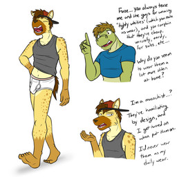 anthro blue_clothing blue_crop_top blue_shirt blue_topwear briefs bulge clothing crop_top dialogue duo feet green_clothing green_shirt green_tank_top green_topwear hat headgear headwear humanoid_feet humanoid_hands male navel open_mouth plantigrade shirt tank_top teeth text tighty_whities topwear underwear white_briefs white_clothing white_underwear yawn fuze fuzeyeen gabriel_(fuze) alligator alligatorid crocodilian hyena mammal reptile scalie 1:1 english_text hi_res