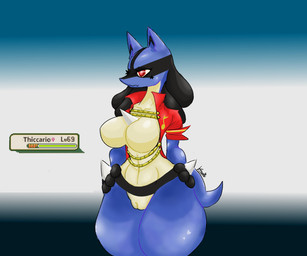 big_breasts blue_body breasts clothing facial_tattoo female gameplay_mechanics genitals gold_(metal) gui health_bar multicolored_body red_clothing red_eyes solo spikes spikes_(anatomy) tattoo thick_thighs uncaring vulva karinfysh nintendo pokemon canid canine generation_4_pokemon humanoid lucario mammal pokemon_(species) 6:5 hi_res