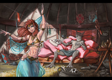 4_toes 5_fingers anthro biped bone clothing dancing detailed_background feet female fingers fur green_eyes grey_body grey_fur hair inside male mostly_nude pillow red_hair skull solo toes translucent translucent_clothing yurt ewgengster human mammal sergal 2026 absurd_res hi_res traditional_media_(artwork)