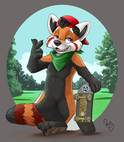 anthro black_body black_fur black_hair black_nose clothing fangs featureless_crotch finger_gun front_view fur gesture glistening glistening_eyes green_kerchief green_neckerchief hair hand_gesture hat headgear headwear kerchief logo looking_at_viewer male markings narrowed_eyes neckerchief neckwear open_mouth open_smile orange_body orange_fur outside pink_eyes plant red_clothing red_hat red_headwear red_tongue short_hair skateboard smile solo standing striped_markings striped_tail stripes tail tail_markings teeth tongue tree vehicle young young_anthro young_male pandapaco ailurid mammal red_panda artist_logo full-length_portrait portrait signature