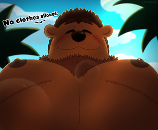 anthro belly blush cloud cloudy_sky eyes_closed male moobs nipples nude palm_tree plant sky slightly_chubby smile solo tree tombutad benny_(bennyafterdark) bear mammal absurd_res hi_res