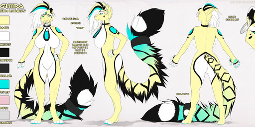 4_toes 5_fingers anthro blue_eyes breasts color_swatch ear_piercing ear_ring eyebrows eyelashes feet female fingers fur green_eyes nude open_mouth piercing pink_nose ring_piercing smile solo standing teeth toes tongue white_body white_fur yellow_body yellow_fur lycangel shiira felid leopard mammal pantherine 2022 digital_media_(artwork) full-length_portrait hi_res model_sheet portrait