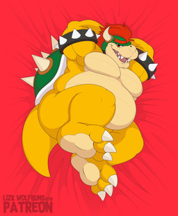 anthro bed bed_sheet bedding bedroom_eyes biceps big_butt bracelet butt feet furniture jewelry lying male narrowed_eyes overweight overweight_anthro overweight_male seductive shell solo spiked_bracelet spikes wolfbuns mario_bros nintendo bowser dragon_koopa koopa scalie absurd_res better_version_at_paywall digital_media_(artwork) hi_res