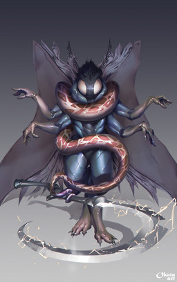 ambiguous_gender antennae_(anatomy) anthro book electricity electricity_manipulation elemental_manipulation lightning melee_weapon multi_arm multi_limb paper polearm scythe solo weapon okata arthropod demon hybrid insect lepidopteran moth reptile scalie snake absurd_res hi_res
