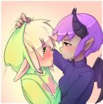 blizzard_entertainment blood_elf blush breasts clothed clothing demon duo elf fan_character female flat_chested heart_eyes heart_symbol hoodie hoodie_(artist) horn humanoid male male/female male_(lore) max_(hoodie) not_furry smile sweater topwear warcraft wings