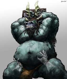 anthro armor balls bdsm beard belly belly_grab big_belly black_hair body_hair bondage bottomwear bound breath bulge clothing cuff_(restraint) disembodied_hand duo facial_hair fur genitals glowing glowing_eyes green_eyes grey_body grey_fur hair hands_behind_head happy_trail headgear helmet horn loincloth male musclegut muscular muscular_arms pube_peek pubes restraints shackles aokamidu dreamworks kung_fu_panda kai_the_collector bovid bovine buffalo mammal true_buffalo water_buffalo
