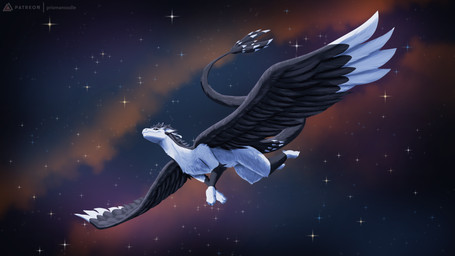 ambiguous_gender antennae_(anatomy) black_body black_fur countershade_face countershade_torso countershading feathered_wings feathers feral flying fur smile solo space tail white_body white_fur wings prismanoodle european_mythology mythology angel_dragon dragon furred_dragon furred_scalie mythological_creature mythological_scalie scalie western_dragon 16:9 hi_res widescreen