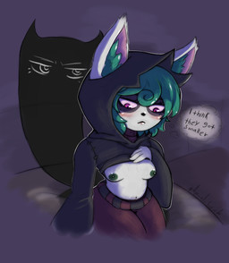 animal_ears animal_nose areola black_clothing black_hoodie black_nose black_topwear blush bottomwear clothed clothing eyelashes female front_view fur green_areola green_hair green_nipples grey_body grey_fur hair hoodie inner_ear_fluff navel nipples pants purple_bottomwear purple_clothing purple_eyes purple_pants raised_clothing raised_hoodie raised_topwear short_hair sitting solo text thick_thighs thought_bubble topwear tuft wide_hips amoral_sociedad league_of_legends riot_games tencent vex_(lol) humanoid yordle hi_res