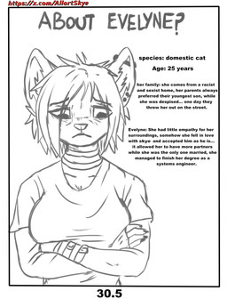 anthro black_eyes choker clothing ear_piercing female industrial_piercing jewelry necklace piercing sad solo text allartskye evelyne_(allartskye) domestic_cat felid feline felis mammal comic english_text hi_res sketch url