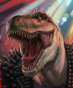 anthro black_clothing black_jacket black_topwear bodily_fluids brown_body brown_scales clothed clothing face_focus head_spikes jacket leather leather_clothing leather_jacket leather_topwear male open_mouth saliva saliva_on_tongue scales sharp_teeth solo spiked_jacket spikes spikes_(anatomy) teeth tongue topwear yellow_eyes nikkimory rocco_(tallion) dinosaur prehistoric_species reptile saurischian scalie theropod tyrannosaurid tyrannosauroid tyrannosaurus tyrannosaurus_rex 2026 hi_res