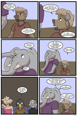 anthro blonde_hair breasts brown_body brown_fur cleavage clothed clothing duo female fur grey_body grey_skin group hair horn male proboscis_(anatomy) tan_body tan_fur text trunk_(anatomy) tusks study_partners chloe_(study_partners) maya_(study_partners) ragdoll_(study_partners) russ_(study_partners) will_(study_partners) avian bird bison bovid bovine camel camelid chameleon elephant elephantid falcon falconid lizard mammal proboscidean reptile scalie 2:3 comic english_text hi_res