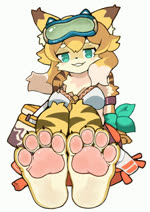 4_toes anthro barefoot blonde_hair breasts brown_body brown_fur claws clothed clothing countershade_feet countershading curling_toes ear_twitch eyewear fantasy feet female female_anthro foot_focus fully_clothed fur goggles green_eyes grin hair inner_ear_fluff kemono looking_at_viewer multicolored_body multicolored_fur multicolored_hair narrowed_eyes pawpads paws plantigrade simple_background smile smiling_at_viewer soles solo spread_toes teeth toe_claws toes tuft white_background white_body white_fur white_hair yellow_body yellow_fur mentha cygames world_flipper mia_(world_flipper) felid mammal pantherine tiger 2021 animated digital_media_(artwork) high_framerate no_sound shaded short_playtime translated_description webm