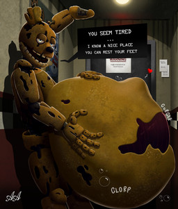 abdominal_bulge anthro belly big_belly blue_eyes dialogue hand_on_belly huge_belly machine male male_pred open_mouth rumbling_stomach same_size_vore solo text vore yellow_body alluring_animatronics five_nights_at_freddy's five_nights_at_freddy's_3 scottgames springtrap_(fnaf) animatronic lagomorph leporid mammal rabbit robot english_text hi_res