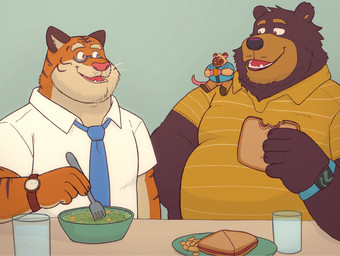 anthro clothing eating eyewear food glasses group male necktie open_mouth overweight overweight_male pink_nose shirt sitting size_difference standing topwear rolobear bear felid mammal mouse murid murine pantherine rodent tiger 2024 hi_res