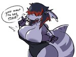 anthro areola big_breasts black_hair breasts cleavage clothed clothing female grey_areola hair hair_over_eyes highlights_(coloring) huge_breasts non-mammal_breasts piercing red_highlights solo text thick_thighs nonarycubed ash_(nonarycubed) fish marine shark