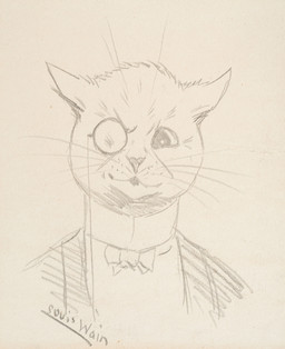 anthro black_tie_(suit) bow_tie clothed clothed_anthro clothed_male clothing eyewear fur male male_anthro monocle solo suit whisker_spots whiskers louis_wain license_info public_domain domestic_cat felid feline felis mammal ancient_art bust_portrait graphite_(artwork) hatching_(art) hi_res monochrome portrait shaded signature sketch traditional_media_(artwork)