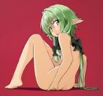 5_fingers accessory barefoot black_bow blush bow_(feature) bow_accessory bow_ribbon butt casual_nudity convenient_censorship eyebrows eyelashes feet female fingers glistening glistening_body glistening_eyes glistening_skin green_eyes green_hair hair hair_accessory hair_bow hair_covering_breasts hair_ribbon humanoid_feet humanoid_hands humanoid_pointy_ears knock-kneed light long_hair looking_at_viewer looking_back not_furry nude open_mouth pale_skin pink_tongue plantigrade pointy_ears ponytail rear_view red_background ribbons shadow sidelocks simple_background sitting slim small_waist solo tied_hair tongue alto-00 goblin_slayer high_elf_archer_(goblin_slayer) elf humanoid mammal 2019 digital_media_(artwork) full-length_portrait hi_res portrait