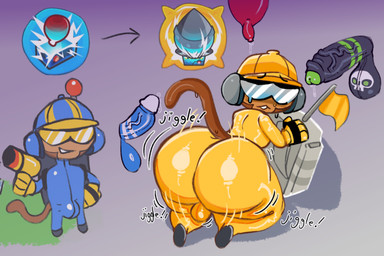anthro bodysuit bulge bulge_from_behind butt butt_focus clothing group jiggling jumpsuit male skinsuit text tight_clothing digibibi bloons_tower_defense ninja_kiwi engineer_monkey_(bloons) haplorhine mammal monkey primate 3:2 english_text hi_res