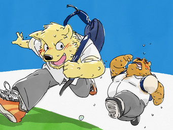 anthro backpack belly blush bodily_fluids bottomwear clothing duo kemono male overweight overweight_male pants running shirt sweat topwear pommn_mn bear canid canine canis domestic_dog mammal 2022 4:3 hi_res