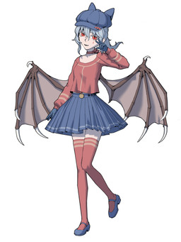 absolute_territory blue_bottomwear blue_clothing blue_footwear blue_gloves blue_hair blue_handwear blue_hat blue_headwear blue_shoes blue_skirt bottomwear breasts choker claws clothed clothed_female clothed_humanoid clothing cosplay crossover_cosplay facial_tattoo female footwear fully_clothed fully_clothed_female fully_clothed_humanoid gesture gloves hair hand_gesture handwear hat headgear headwear jewelry legwear long_sleeves membrane_(anatomy) membranous_wings necklace newsboy_cap pleated_skirt pupils red_choker red_clothing red_eyes red_jewelry red_legwear red_necklace red_shirt red_thigh_highs red_topwear shirt shoes simple_background skirt slit_pupils small_breasts smile solo tattoo teardrop_tattoo thigh_highs topwear white_background win-victory-love wing_claws wings yopofen miside touhou mita_(miside) remilia_scarlet humanoid vampire winged_humanoid 2025 3:4 absurd_res crossover full-length_portrait hi_res portrait