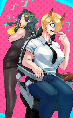 anthro black_necktie blonde_hair blue_eyes bottomwear clothing confusion denim denim_bottomwear denim_clothing duo female hair jeans legwear living_hair miniskirt necktie pants pantyhose personal_grooming pseudo_hair skirt snake_hair styling_hair yellow_eyes cinkoji european_mythology greek_mythology mythology marja-leena cyclops gorgon humanoid reptile scalie snake hi_res shaded