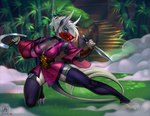 anthro breasts clothing female holding_knife holding_object knife legwear ninja solo stairs thigh_highs warrior yurai canid canine mammal