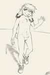 anthro buckteeth clothing female footwear footwear_only mostly_nude nude shoes shoes_only smile sneakers sneakers_only solo standing teeth walking young leglegleg cherish_heart lagomorph leporid mammal rabbit absurd_res black_and_white hi_res monochrome tagme