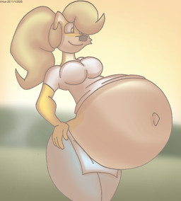 anthro belly big_belly blonde_hair bottomwear breasts clothing female fur hair huge_belly multicolored_body multicolored_fur navel pants pregnant pregnant_anthro pregnant_female shirt solo thick_thighs topwear two_tone_body two_tone_fur virus-20 activision crash_bandicoot_(series) coco_bandicoot bandicoot mammal marsupial 2020 digital_media_(artwork)