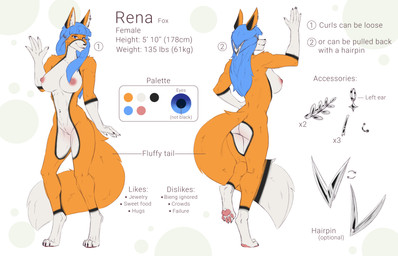 5_fingers accessory anthro blue_eyes blue_hair breasts ear_piercing female fingers fluffy fluffy_tail fur genitals hair hair_accessory hairpin looking_at_viewer navel navel_piercing nipples nude orange_body orange_fur pawpads paws piercing simple_background smile solo standing tail text white_body white_fur conditional_dnp yukkoo rena_(yukkooart) canid canine fox mammal absurd_res digital_media_(artwork) english_text hi_res model_sheet