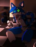 anthro blood bodily_fluids breasts checkered checkered_floor claws dark disassembled fangs female garage_door green_eyes machine open_mouth teeth xusky-chan five_nights_at_freddy's scottgames animatronic canid canine fox mammal robot hi_res