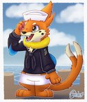 beach bottomwear clothing male sailor sea seaside shorts solo uniform water crunchycrowe nintendo pokemon buizel generation_4_pokemon pokemon_(species) absurd_res hi_res