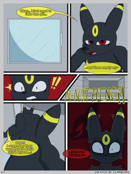 anthro black_body black_fur blush bodily_fluids breasts dialogue exclamation_point female fur looking_at_viewer nude open_mouth scared shadow simple_background solo speech_bubble surprised tail teeth text flamberry_(artist) nintendo pokemon unomia_venizee_flare_(flamberry) canid canine eeveelution generation_2_pokemon mammal pokemon_(species) umbreon absurd_res comic digital_drawing_(artwork) digital_media_(artwork) english_text hi_res ibispaint_(artwork)