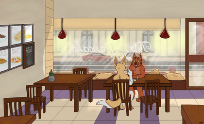 cafe diner duo food pillow restaurant mosstheopossum canid canine domestic_cat felid feline felis fennec_fox fox lynx mammal true_fox hi_res