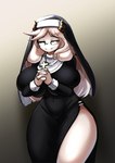 anthro big_breasts breasts clothed clothing cross curvy_figure eyes_closed eyewear female glasses holding_cross holding_object huge_breasts navel nun solo thick_thighs voluptuous wide_hips yboon bovid caprine goat mammal hi_res