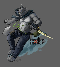 5_fingers anthro bottomwear claws clothed clothing dagger denim denim_bottomwear denim_clothing fingerless_gloves fingers fur gloves grey_background grey_body grey_fur handwear jeans male melee_weapon pants simple_background solo standing topless weapon yellow_eyes huka canid canine canis mammal wolf 2015