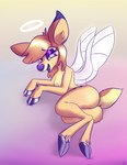 anthro breasts butt countershading dewclaw_hooves female female_anthro fluffy fur gradient_background hair halo hooves looking_at_viewer lying nude on_side pastel_background purple_eyes scut_tail semi-anthro short_tail simple_background solo suggestive_pose tail text unguligrade wings muffinlicious helluva_boss deerie_(helluva_boss) angel deer mammal absurd_res hi_res