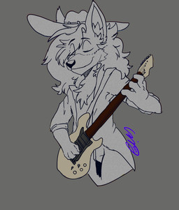 4_fingers anthro black_nose body_fur clothed clothing collared_shirt cowboy_hat dress_shirt electric_guitar eyes_closed fingers fluffy fur grey_background grey_body grey_fur guitar hair happy hat head_hair headgear headwear long_hair male musical_instrument playing_guitar playing_music plucked_string_instrument rolled_up_sleeves shirt simple_background smile solo static string_instrument toony topwear white_body white_fur a-ry_(character) stuart_k_reilly_(character) canid canine canis coyote ghost mammal spirit absurd_res adversarial_noise chromatic_aberration hi_res monochrome signature