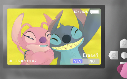 ambiguous_gender annoyed antennae_(anatomy) anthro blue_body blue_claws blue_fur blue_nose blue_tongue camera canon_couple chest_tuft claws duo eyelashes eyes_closed face_squish fangs female first_person_view fur grin gui hand_on_shoulder head_tuft notched_ear open_mouth pink_body pink_claws pink_fur purple_eyes purple_nose selfie simple_background smile squish teeth text tongue tuft yellow_background unknownlifeform disney lilo_and_stitch angel_(lilo_and_stitch) stitch_(lilo_and_stitch) alien experiment_(lilo_and_stitch) 2010 digital_media_(artwork) english_text hi_res