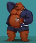 anthro belly beverage blush bottomwear brown_body chubby_cheeks clothed clothing coffee coffee_mug container cup eyes_closed hand_behind_head holding_container holding_cup holding_object jacket male moobs navel open_clothing open_jacket open_topwear overweight overweight_male shorts simple_background solo text topwear shibadoodles bear mammal 2020 hi_res