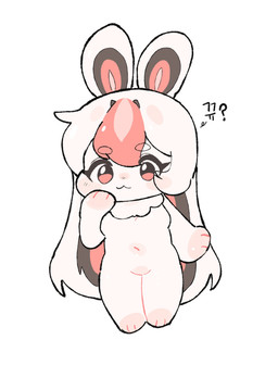 :3 anthro biped blush breasts chibi eyebrows eyelashes female fur hair hand_on_chin highlights_(coloring) long_hair looking_at_viewer multicolored_ears nude red_highlights red_inner_ear simple_background slightly_chubby slightly_chubby_anthro slightly_chubby_female small_breasts solo standing white_body white_fur white_hair xeppir lagomorph leporid mammal rabbit 2026 hi_res