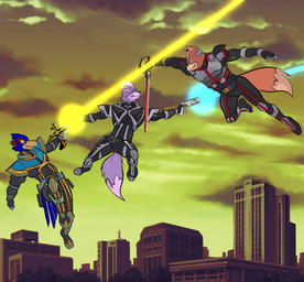 anthro blaster_pistol city cityscape energy_sword energy_weapon fight group male melee_weapon sky sword trio weapon yellow_sky joesanchez kamen_rider kamen_rider_555 nintendo star_fox falco_lombardi fox_mccloud wolf_o'donnell avian bird canid canine canis fox mammal wolf hi_res