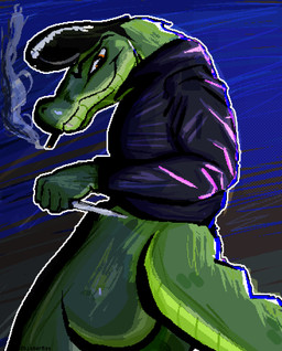 anthro biped black_hair butt cigarette cigarette_in_mouth clothing feral green_body hair jacket knife leather leather_clothing leather_jacket leather_topwear looking_at_viewer male object_in_mouth pompadour smile smoking solo tail topwear dither_rat crocodile crocodilian reptile scalie hi_res