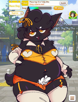 anthro armwear bedroom_eyes belly big_belly black_body black_fur bottomwear bulge chest_tuft clothed clothing crop_top crossdressing crossdressing_male crotch_tuft cute_fangs detached_sleeves eyeshadow fangs femboy fur gameplay_mechanics garter_straps hotpants legwear love_handles makeup male male_anthro moob_cleavage moobs narrowed_eyes navel navel_piercing orange_bottomwear orange_clothing orange_hotpants orange_shorts overweight overweight_anthro overweight_male pear-shaped_figure piercing seductive shirt shirt_collar shorts skimpy solo teeth text thick_thighs thigh_highs topwear tuft user_interface white_clothing white_legwear white_thigh_highs wide_hips yellow_clothing yellow_crop_top yellow_eyes yellow_shirt yellow_topwear salamikii cygames uma_musume_pretty_derby eggs_(salamikii) 2025 colored digital_drawing_(artwork) digital_media_(artwork) english_text