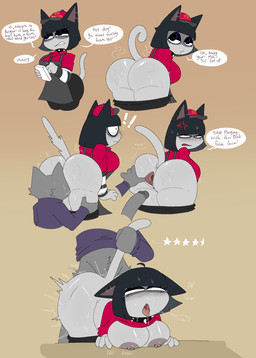 ambiguous_penetration anthro anus biped bodily_fluids breasts butt clothing dialogue duo erection female fingers fur genitals grey_body grey_fur hair male male/female nipples penetration penile penile_penetration penis saliva sex speech_bubble spread_vulva spreading text tongue tongue_out topwear vulva snazzle_snapp domestic_cat felid feline felis mammal english_text hi_res