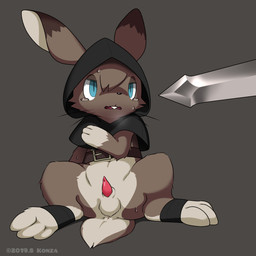3_toes balls blue_eyes bodily_fluids bottomless brown_body brown_fur clothed clothing erection feet front_view fur genitals grey_background hood male melee_weapon open_mouth penis simple_background sitting solo spread_legs spreading sweat sweatdrop sword tapering_penis tears toes weapon young konzaburou hare lagomorph leporid mammal 1:1 2019 watermark