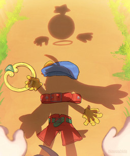anthro blue_cap collar genitals implied_nudity logo long_ears male nude penis penis_shadow red_collar shadow small_penis text yellow_glove young young_anthro young_male nawoshida bandai_namco dressed_shadow klonoa_(series) huepow klonoa 2026 artist_logo artist_name hi_res signature
