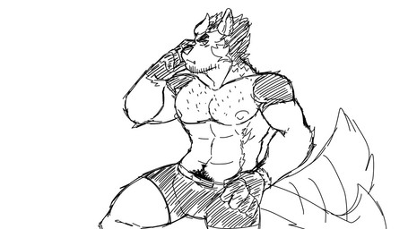 abs anthro barazoku body_hair bottomwear bulge chest_hair clothed clothing facial_hair fangs fur happy_trail male markings muscular muscular_anthro muscular_male nipples pecs pubes solo tail tail_motion tailwag teeth underwear zordykeaboo home_zomewhere_else fred_kent canid canine canis domestic_dog german_shepherd herding_dog hybrid mammal pastoral_dog 16:9 sketch widescreen